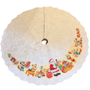 Vintage Rennoc Felt Festive Christmas Tree Skirt with Santa and Elves Design